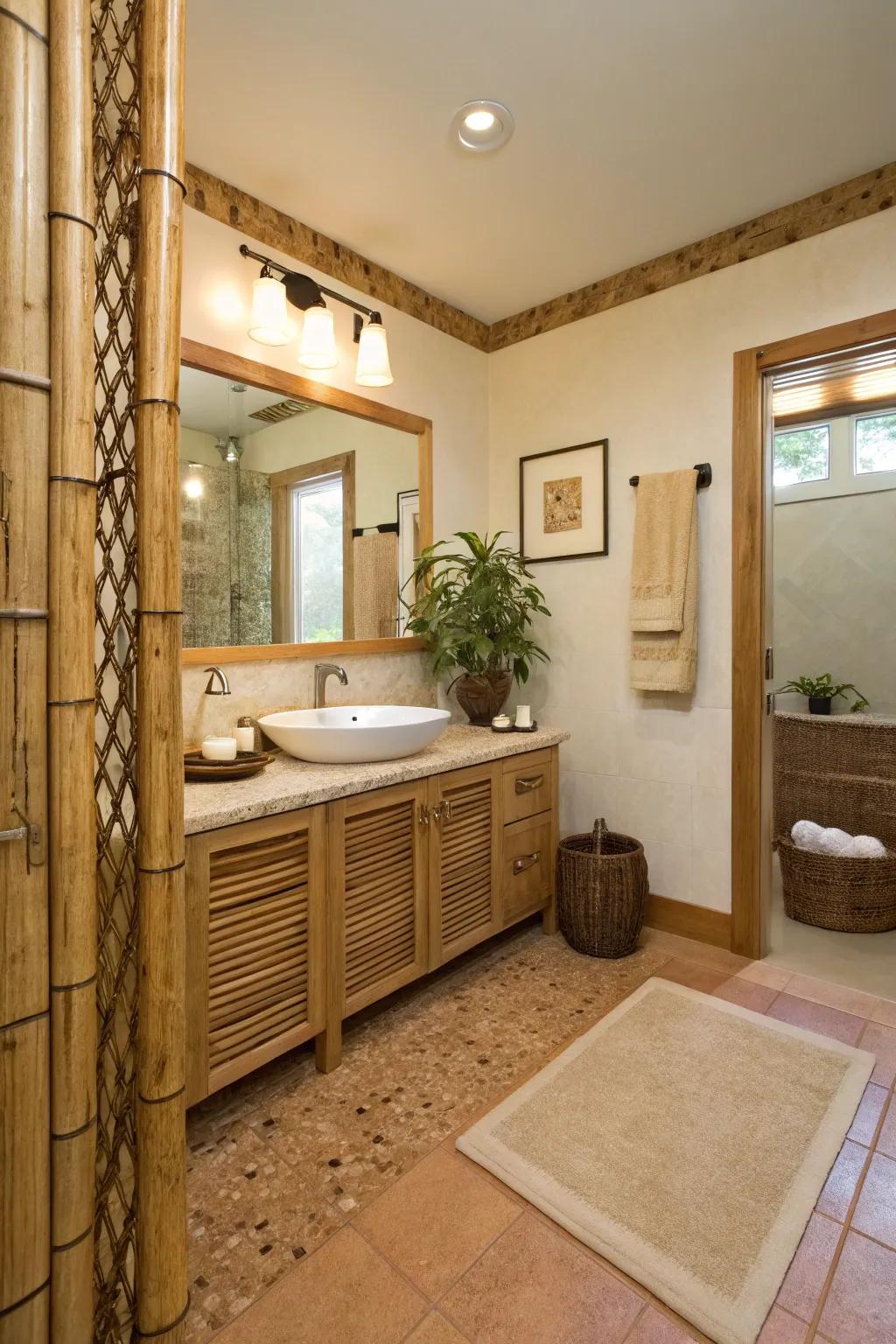 Raw materials add warmth and sustainability to this bathroom.