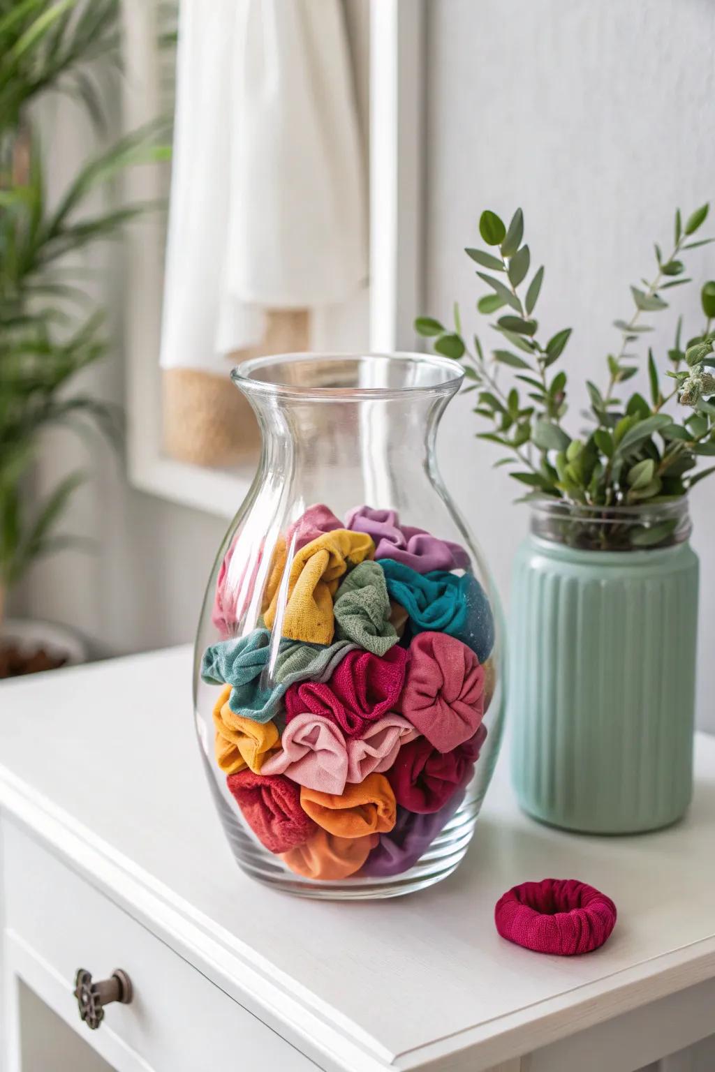 Transform your hair accessory collection into a stunning display with clear vases. #MinimalistBeauty #BohoChic