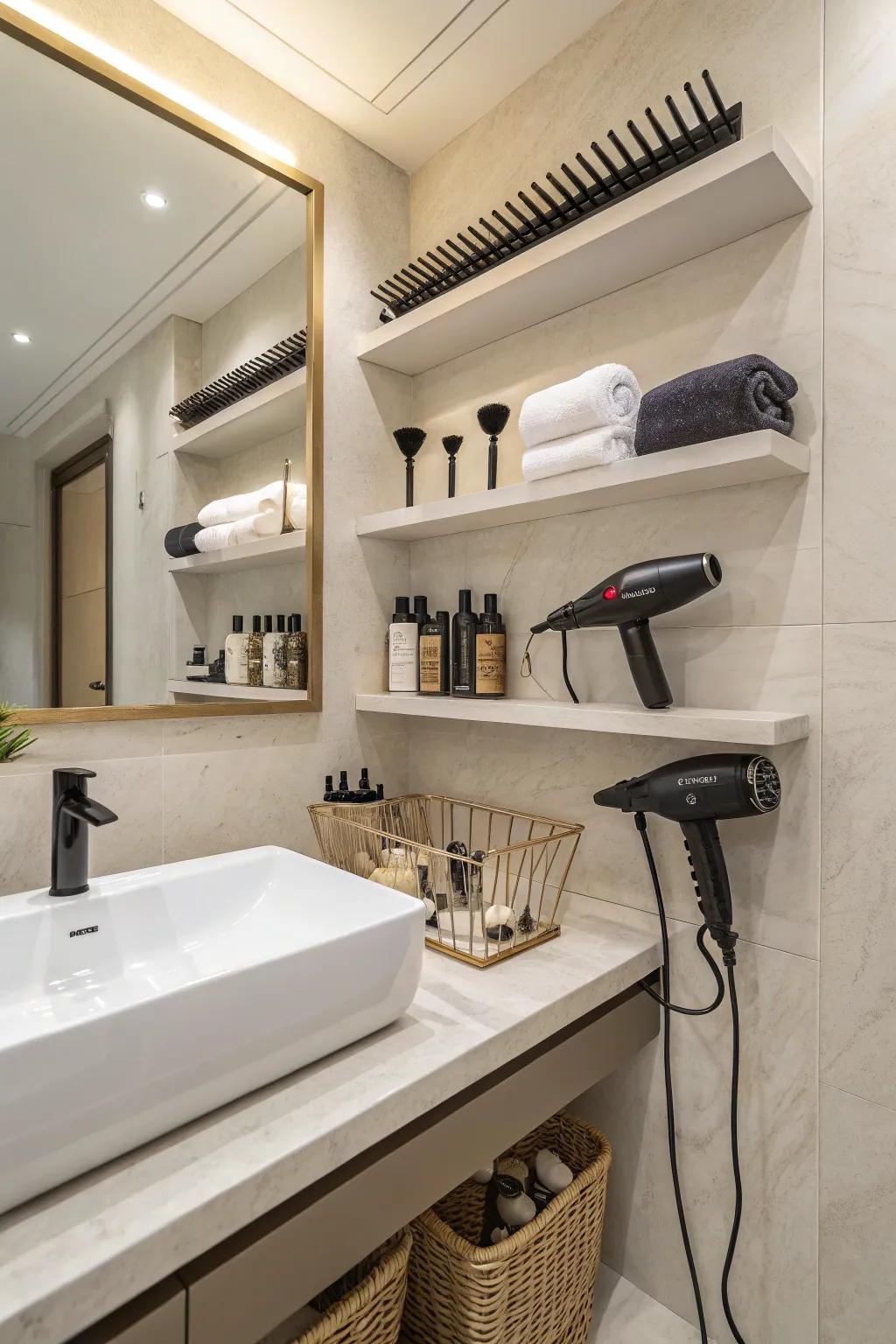 Minimalist floating shelves creating a tidy and spacious bathroom.