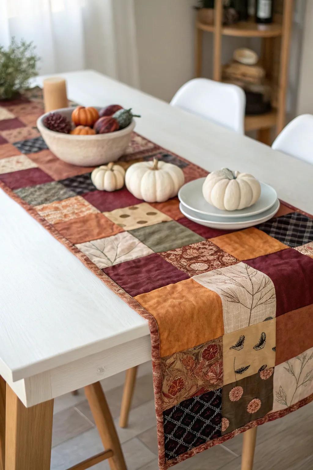 Elevate your Halloween aesthetic with a snug, self-made patchwork table runner&mdash;where minimalist sophistication encounters playful charm.