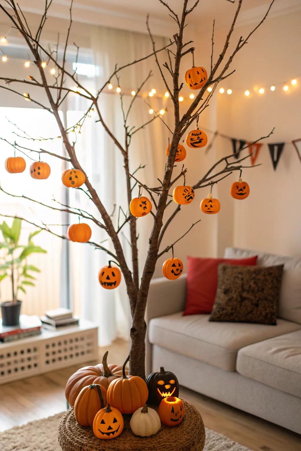 A cheerful Halloween tree filled with lit gourds.
