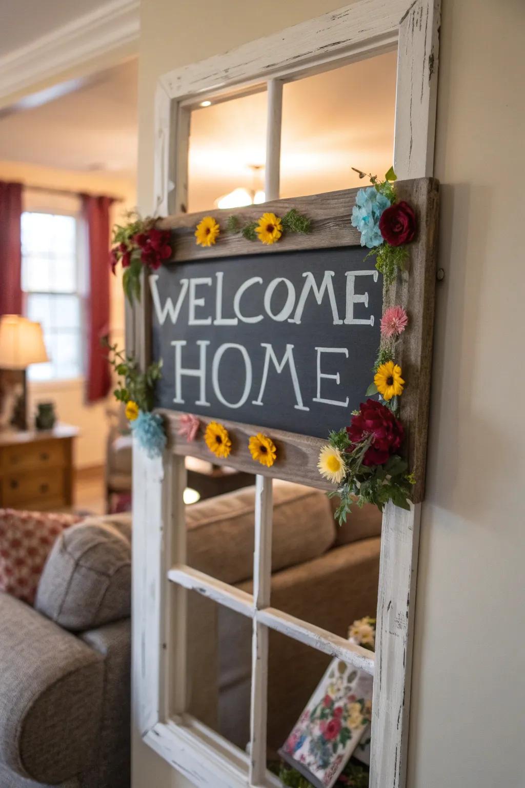 A window frame sign that adds vintage charm to a living space.