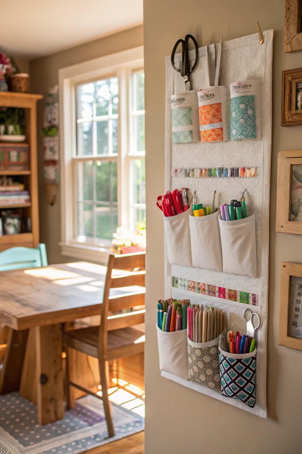 Craft rooms thrive with arranged wall-attached supply holders.