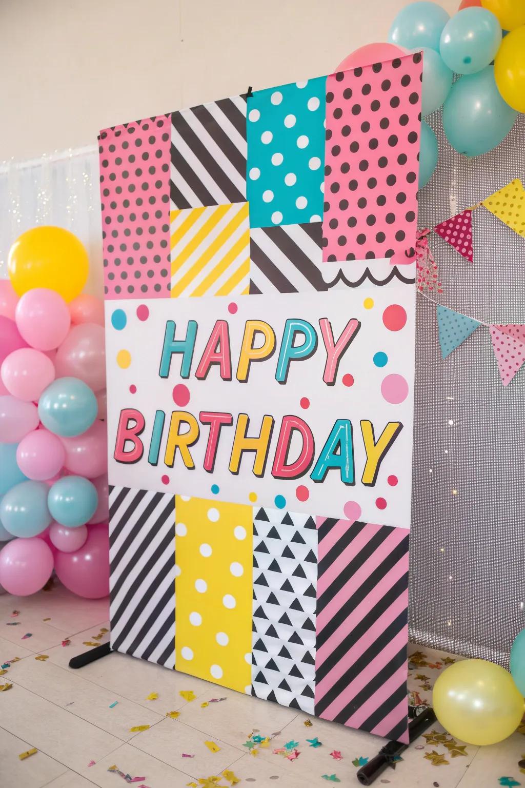 A lively retro art explosion birthday display that's full of energy.