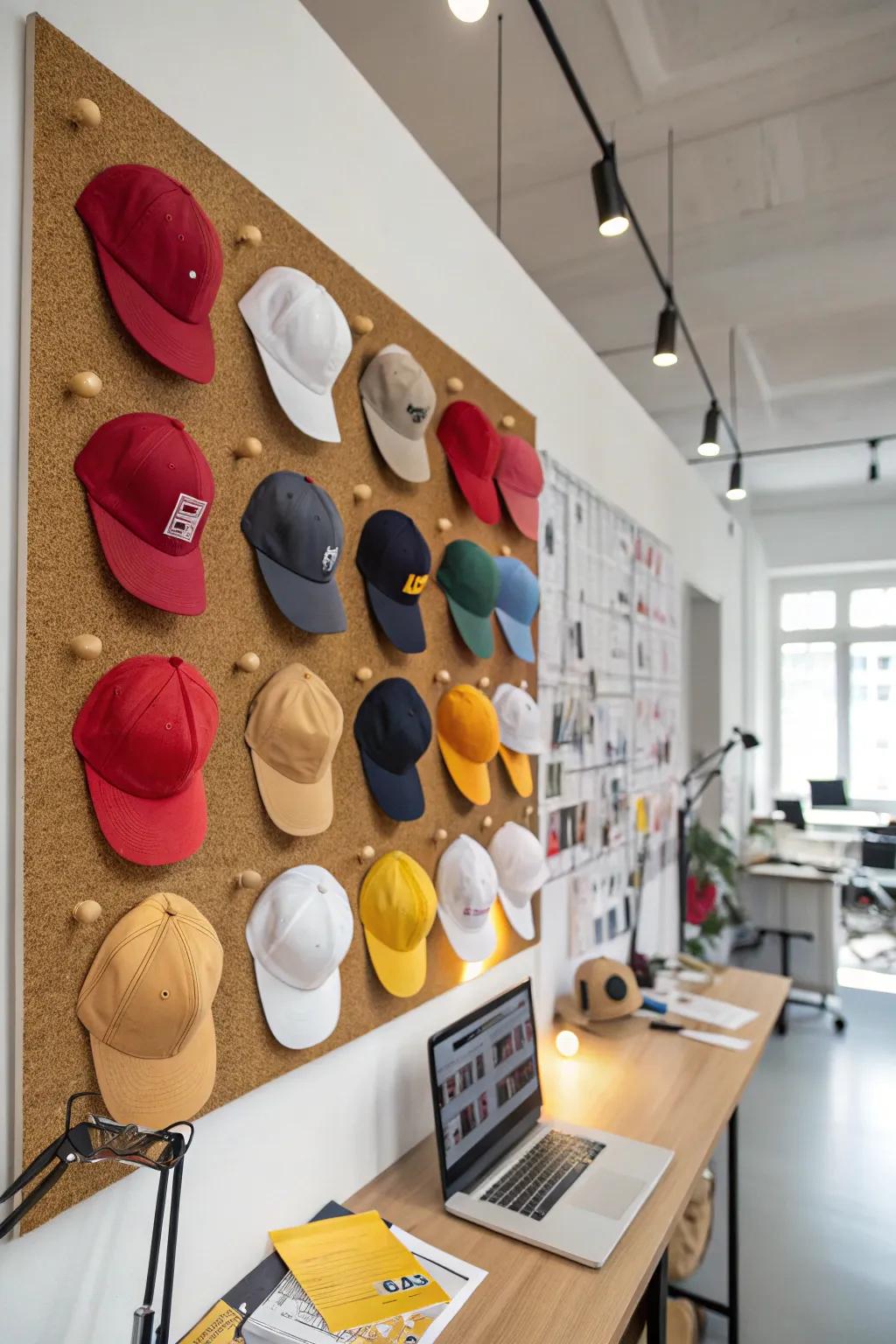 Hats pinned to a cork bulletin board.