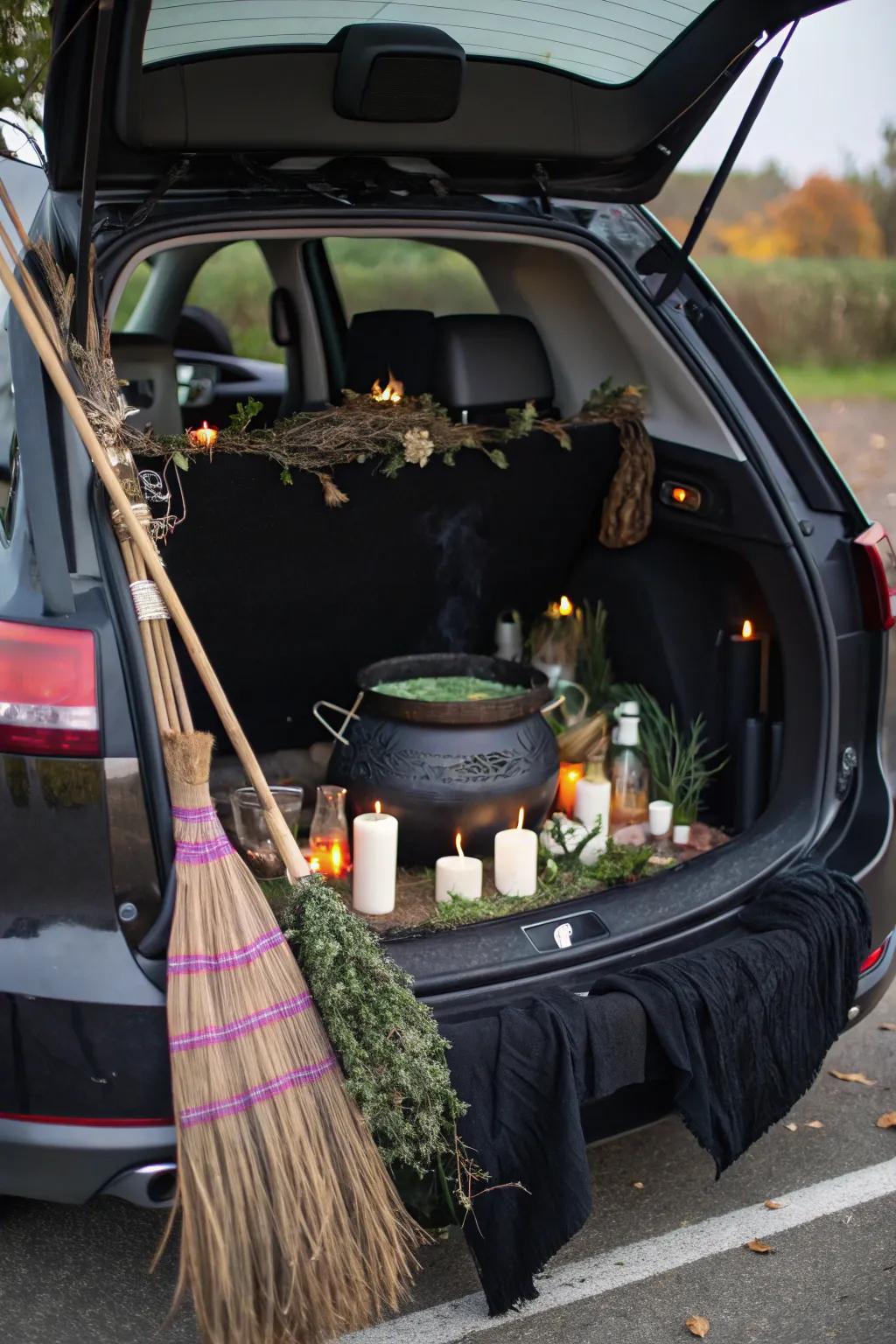 Go into the sorceress's hideout using broomsticks and cauldrons to get a magical trunk display.