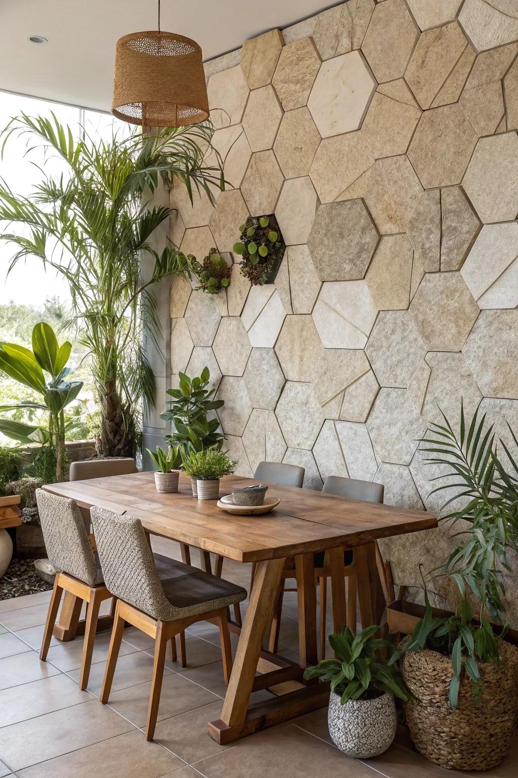 Natural stone hexagons fashion a rustic and calming atmosphere.