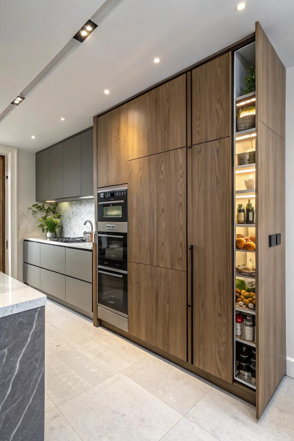 A kitchen featuring a secret entrance seamlessly integrated into cabinetry.