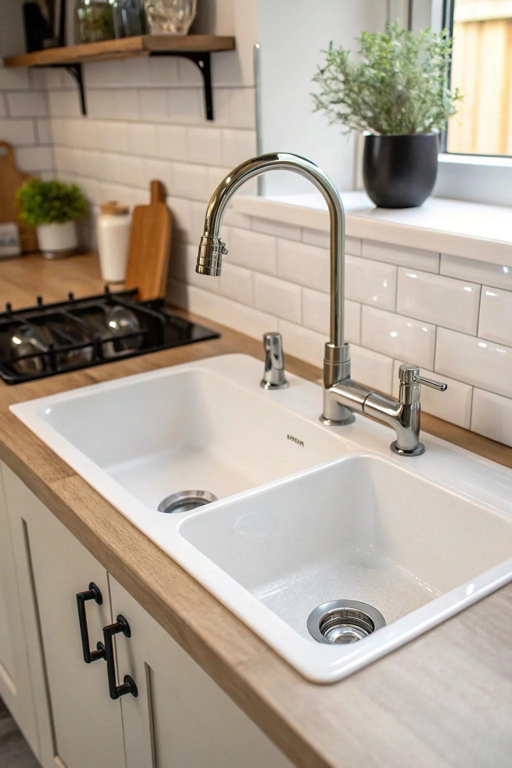 A sleek and minimalist touch is offered to the cooking area by slimline taps.