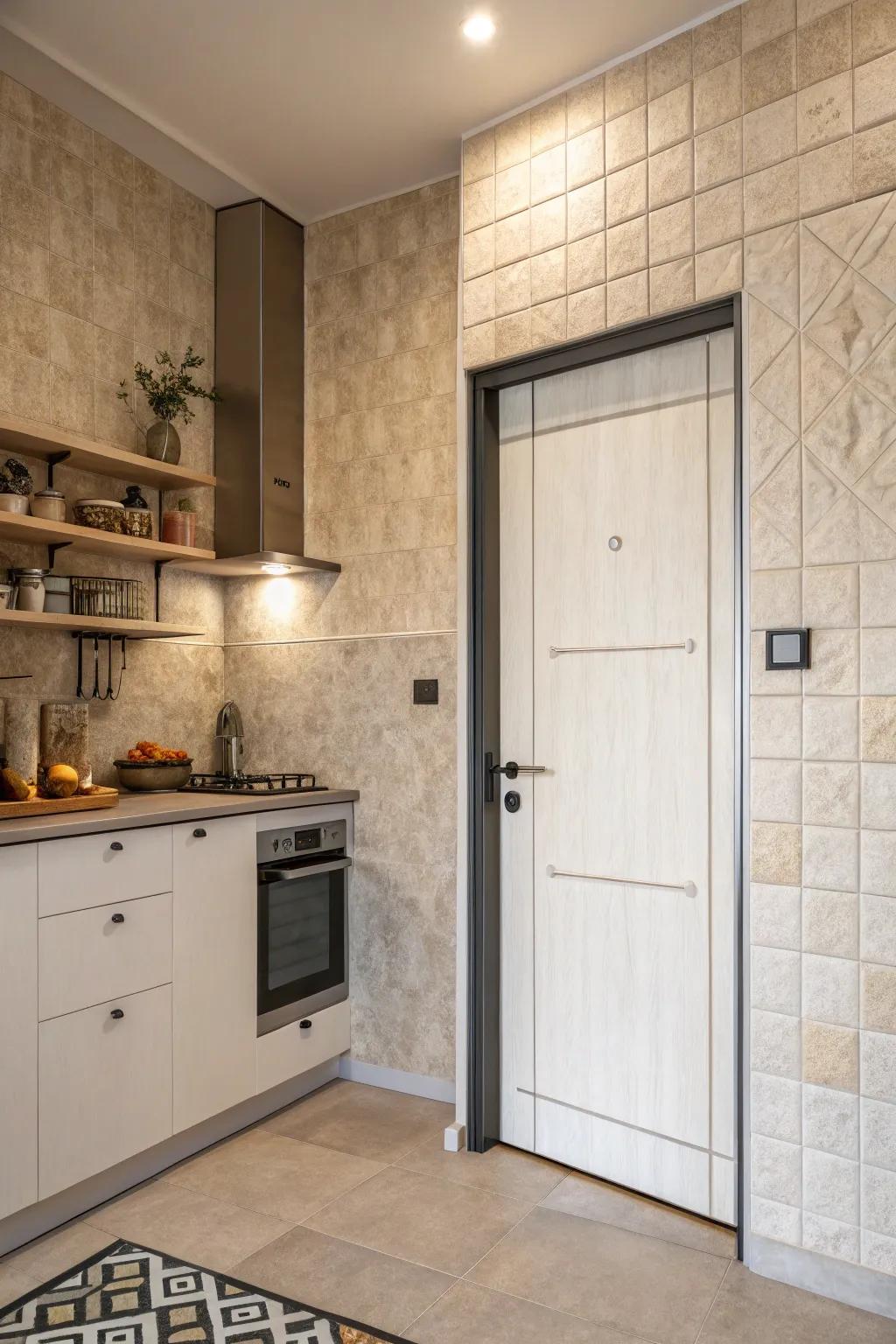 An undetectable entrance within the cooking area, fusing perfectly with the walls.