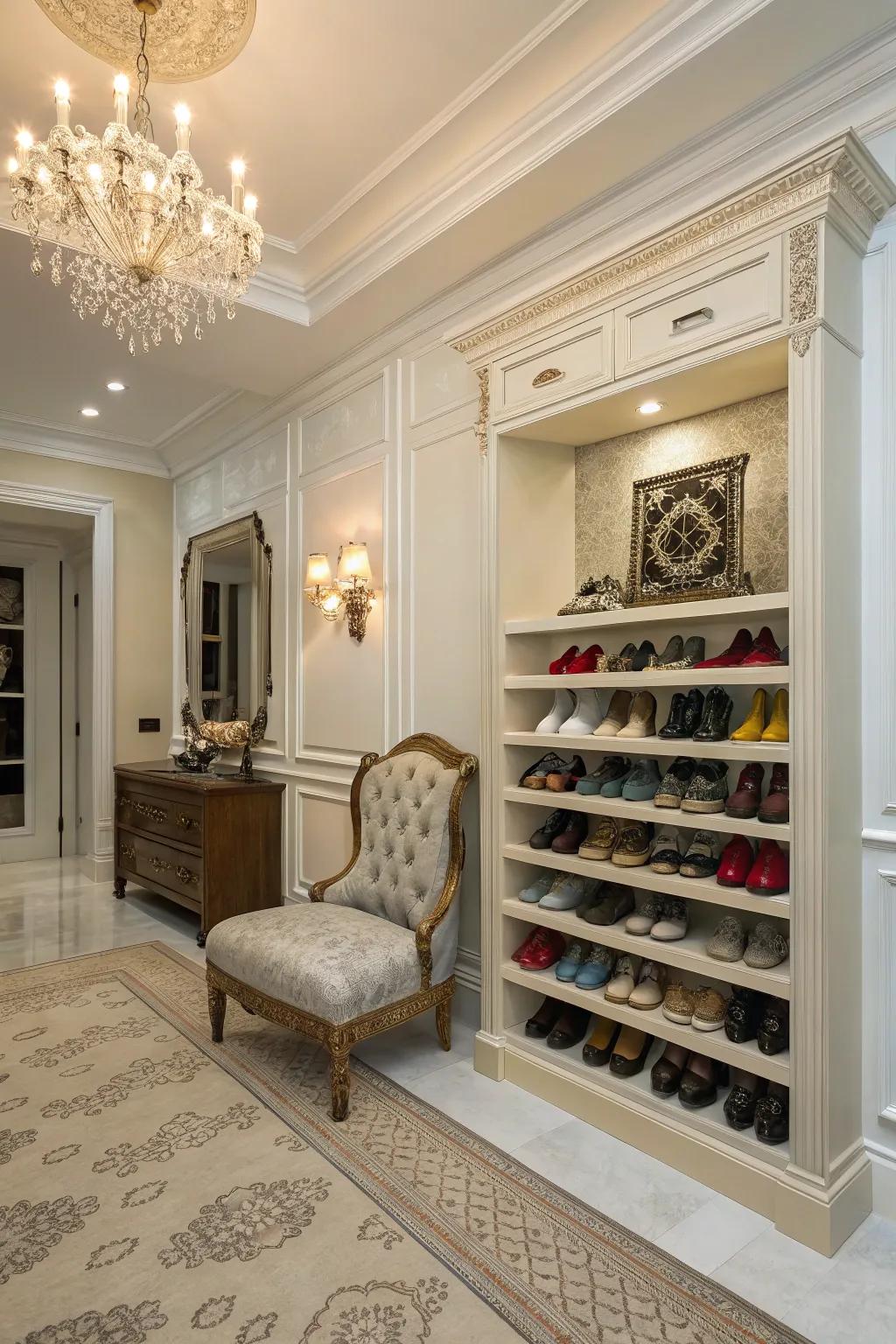 Crown molding footwear ledges offer a sophisticated and practical storage solution.
