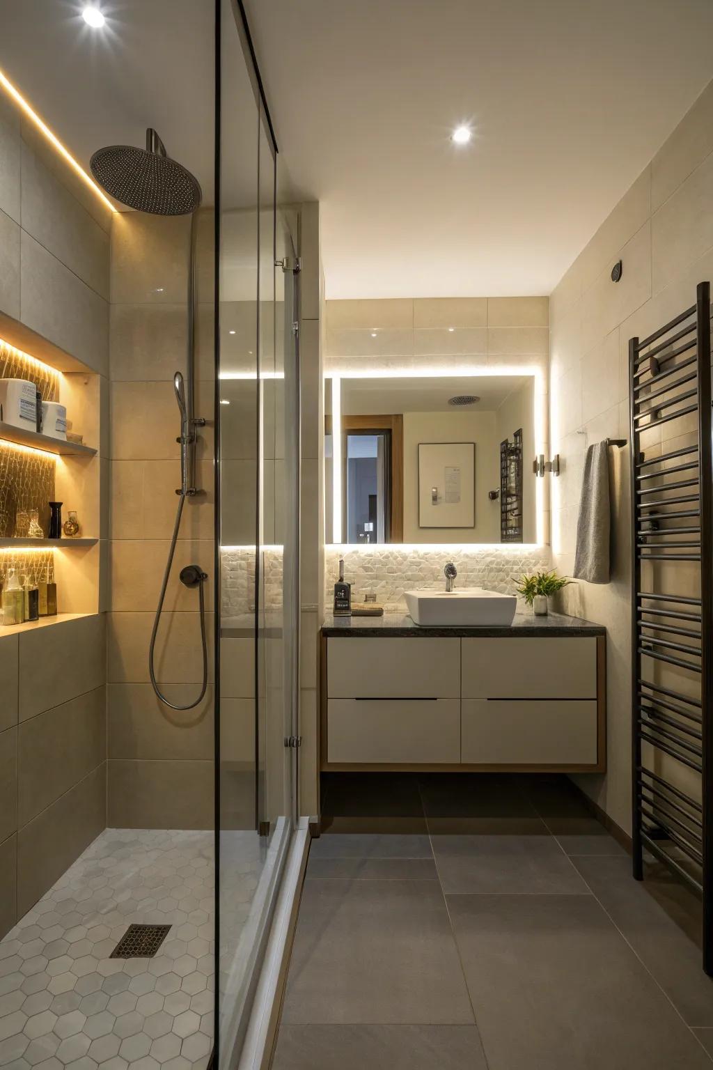 Concealed lighting transforms the shower into a soothing oasis.