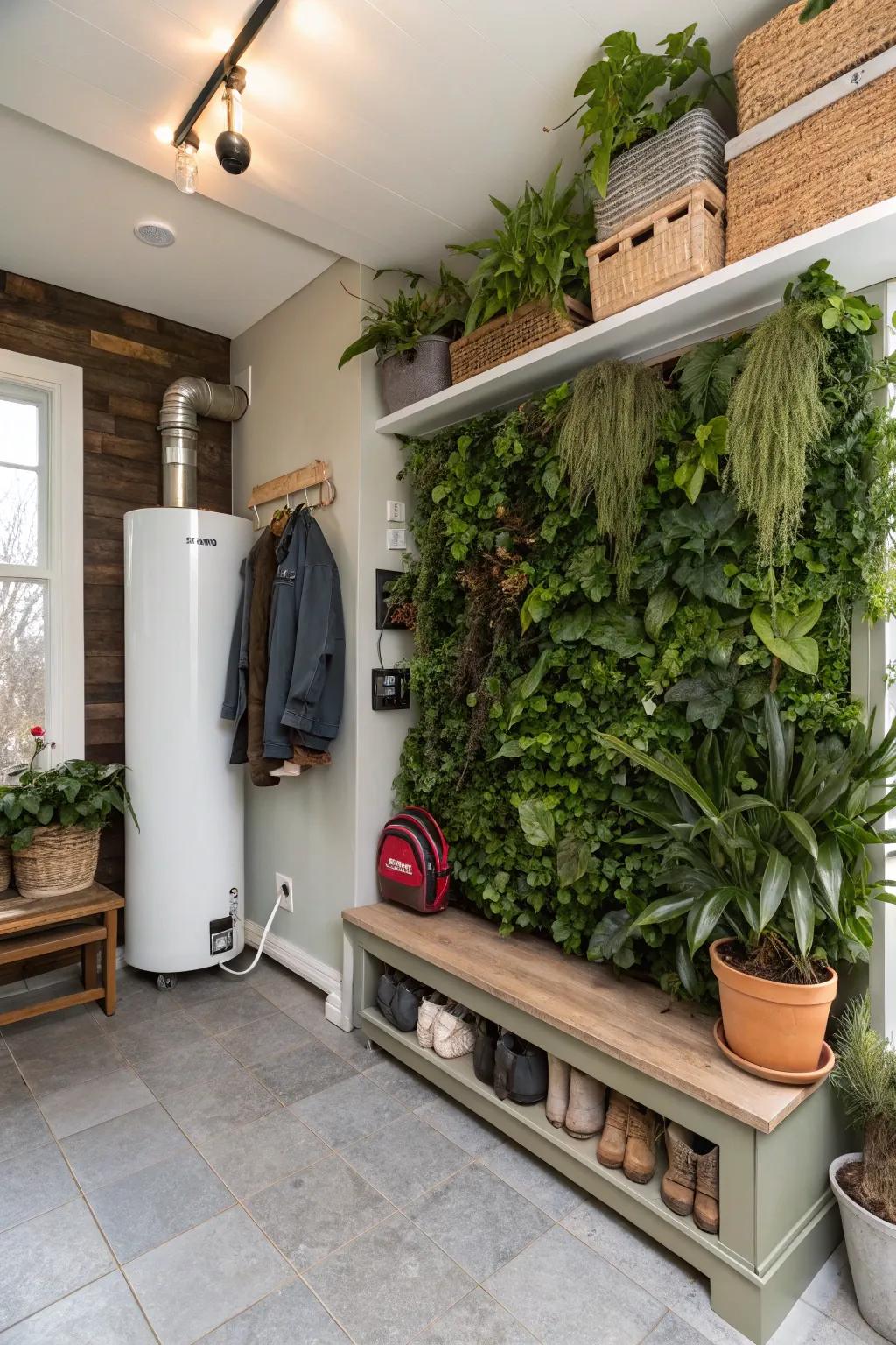 A plant wall beautifully concealing utility features.