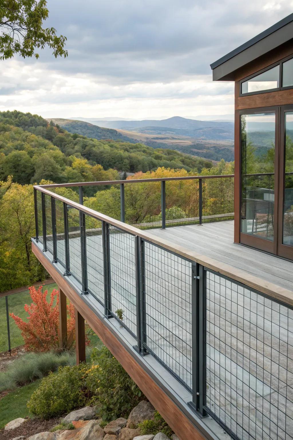 Glass and mesh panels create a sophisticated and unobstructed view.