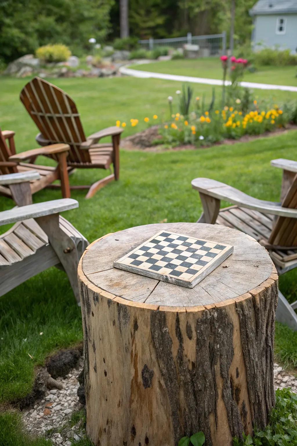 A tree stump board area encourages thoughtful strategy within the garden.