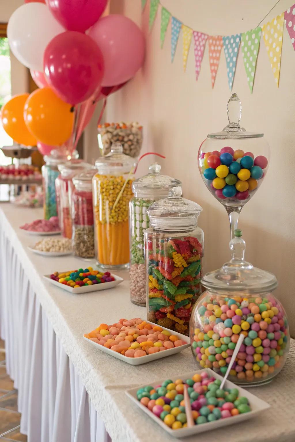 A lively confectionery station that doubles as both delight and ornamentation.