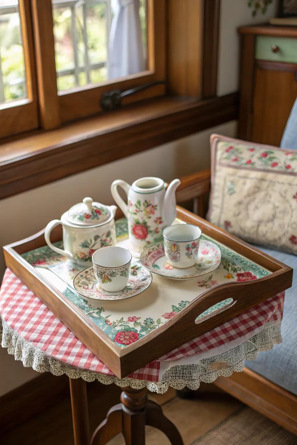 A hand-painted salver introducing both color and charm to a breakfast alcove.