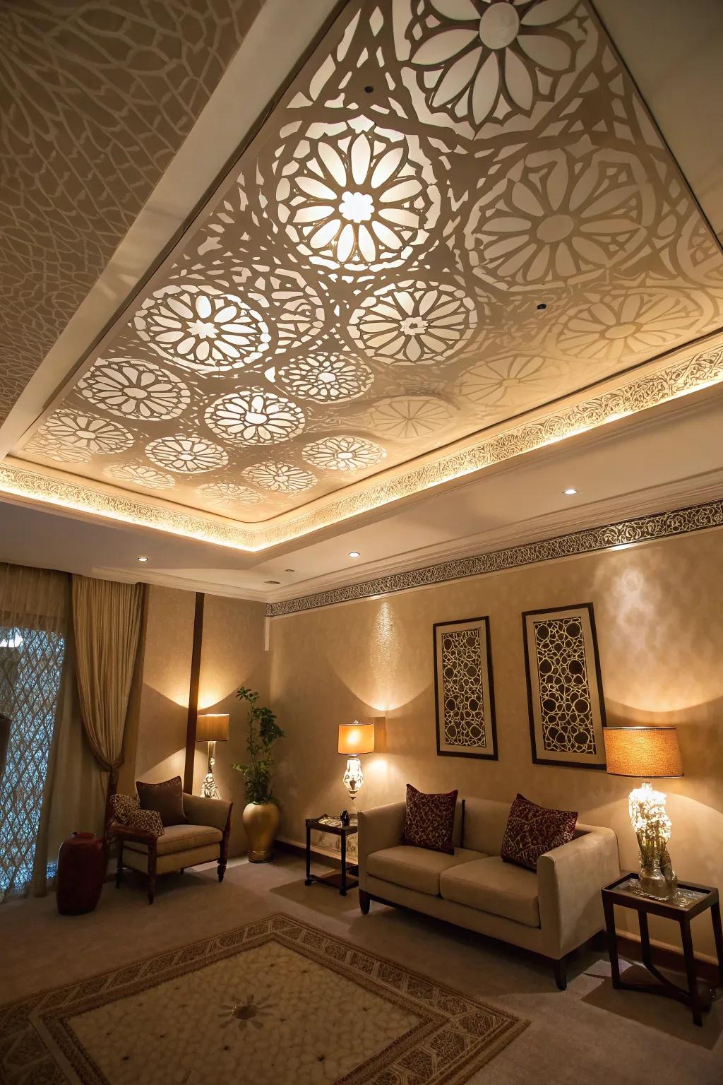 A room with a creative ceiling design