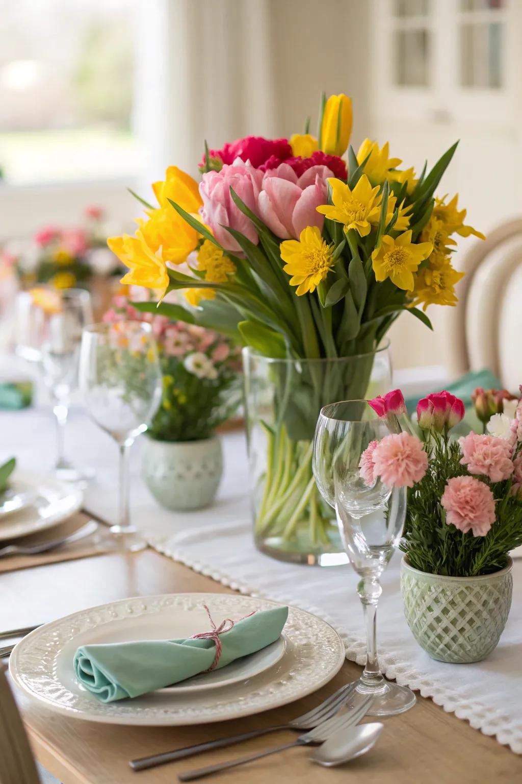 A dining table brightened by spring floral decor.
