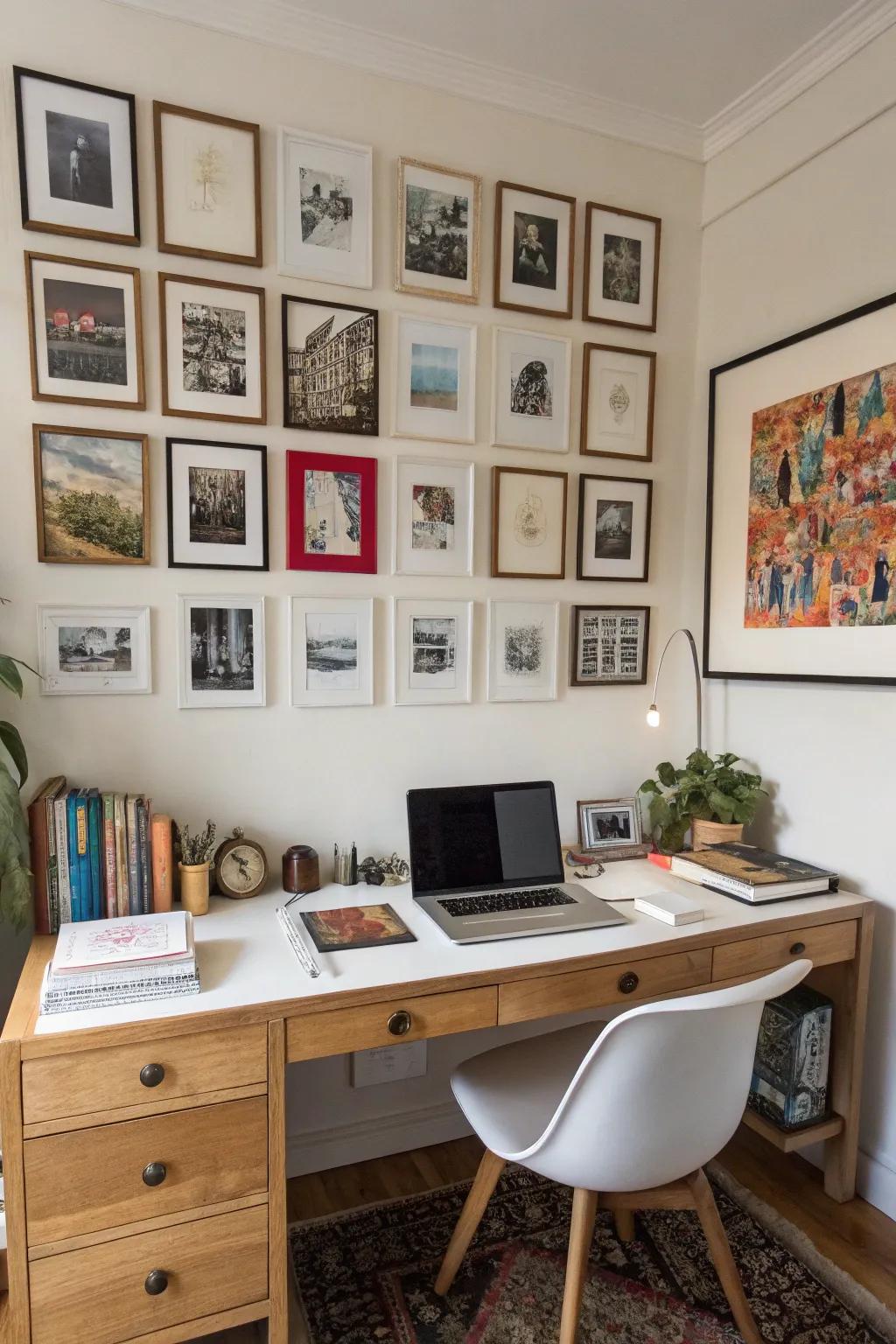 A personal gallery wall injects inspiration and warmth into a home office.