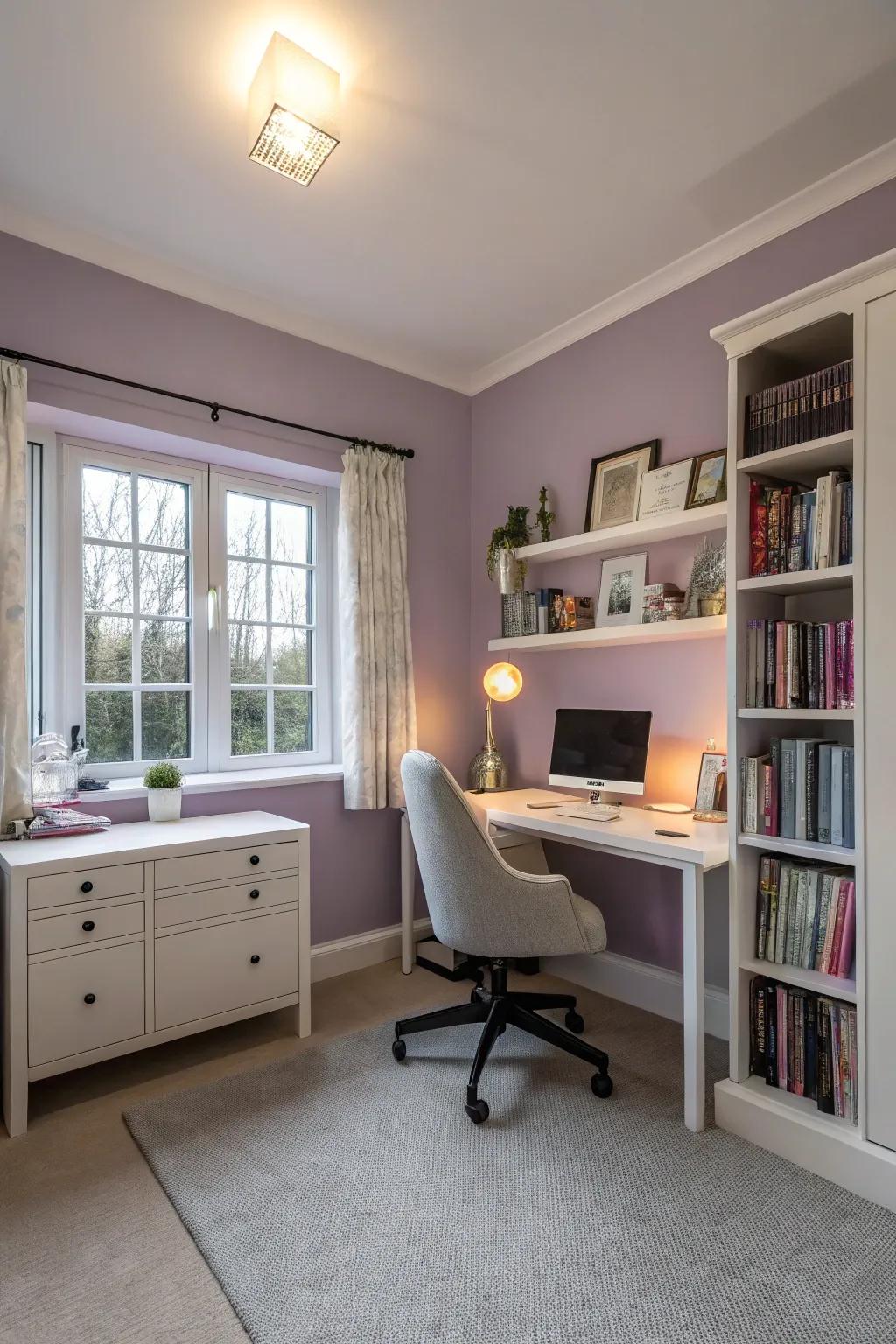 Violet walls append elegance and tranquility to this serene personal office.