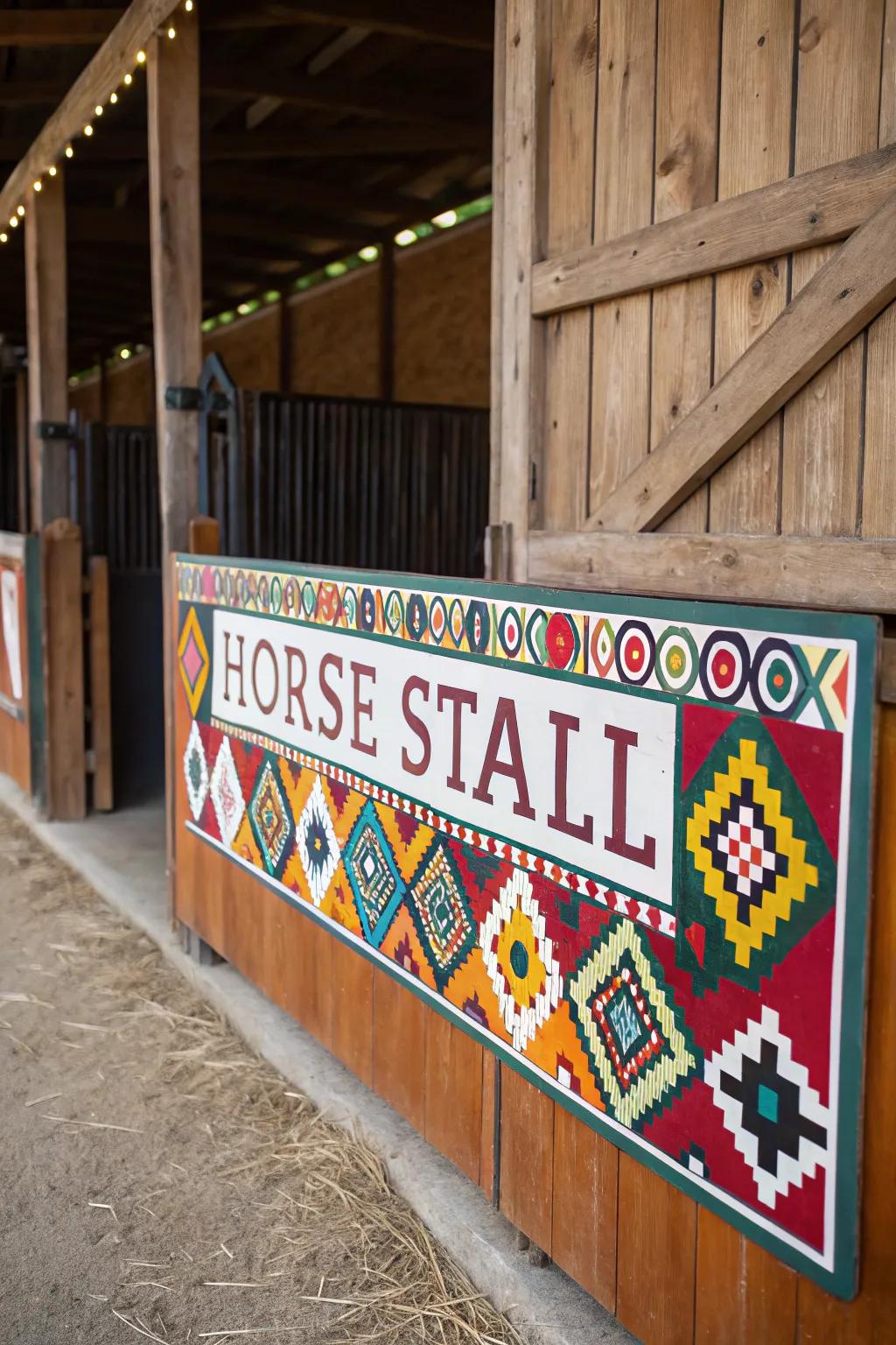 A vibrant, chromatic patterned stall marker.
