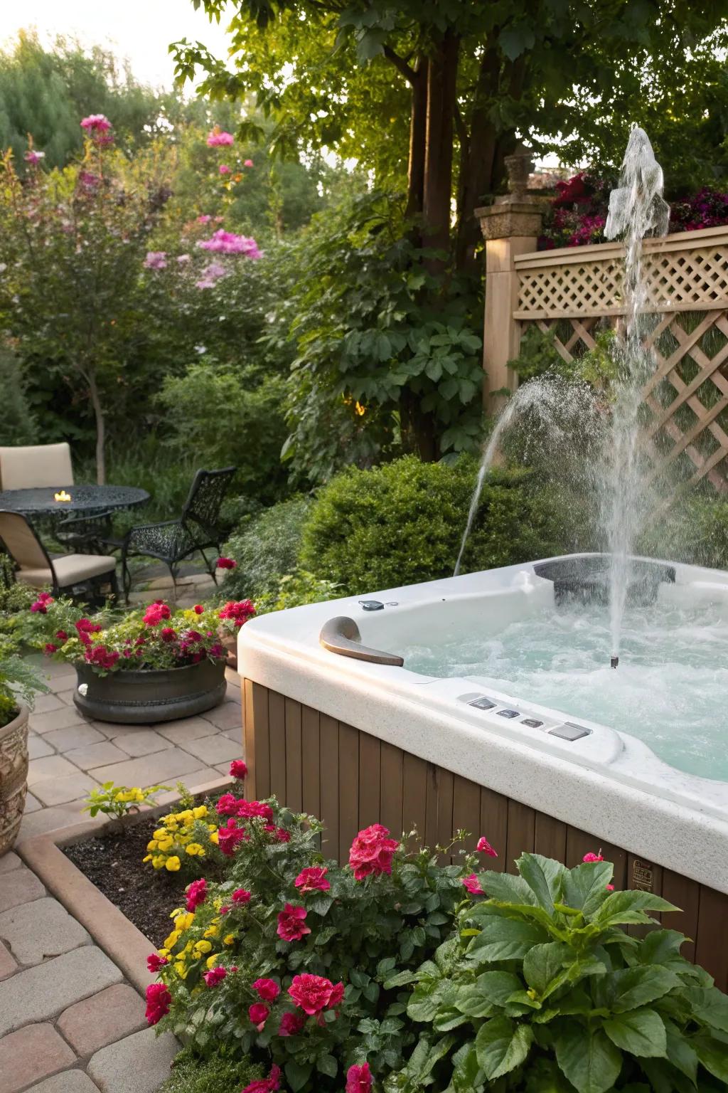 A water feature contributes tranquility and enhances the spa-like atmosphere.
