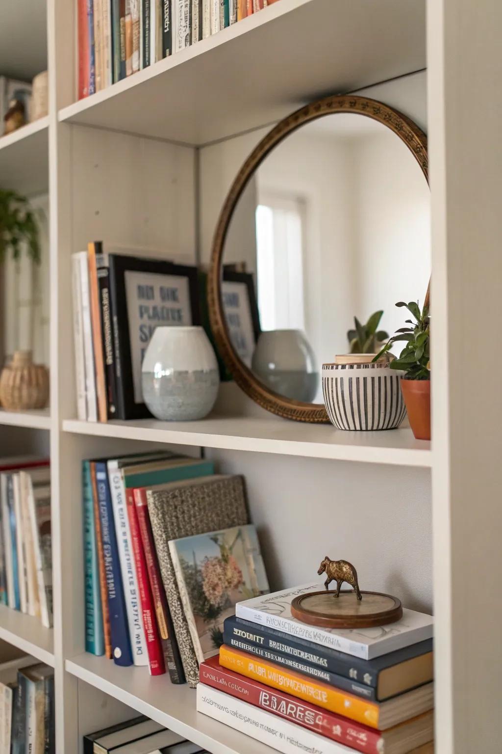 A bookshelf incorporating a mirror to augment profundity and reflectivity.