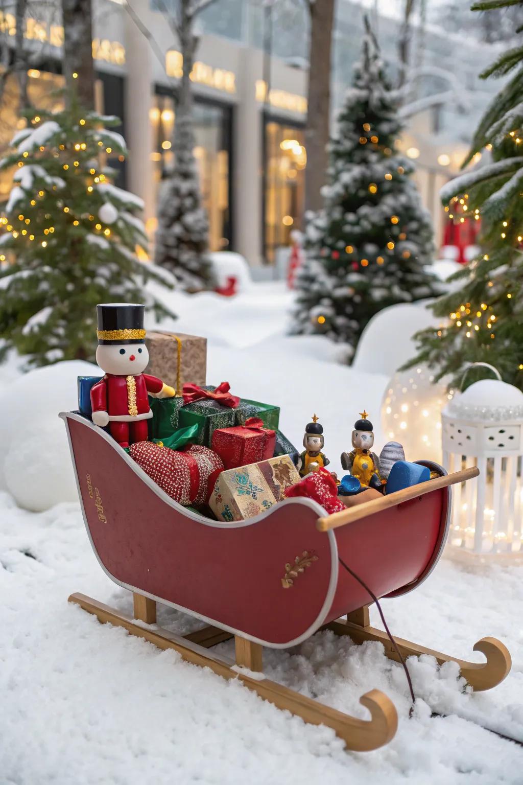 A playful sled featuring playful holiday playthings