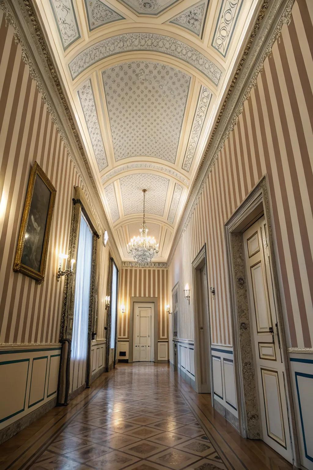 Stripes manipulate spatial perceptions, enhancing depth and height.