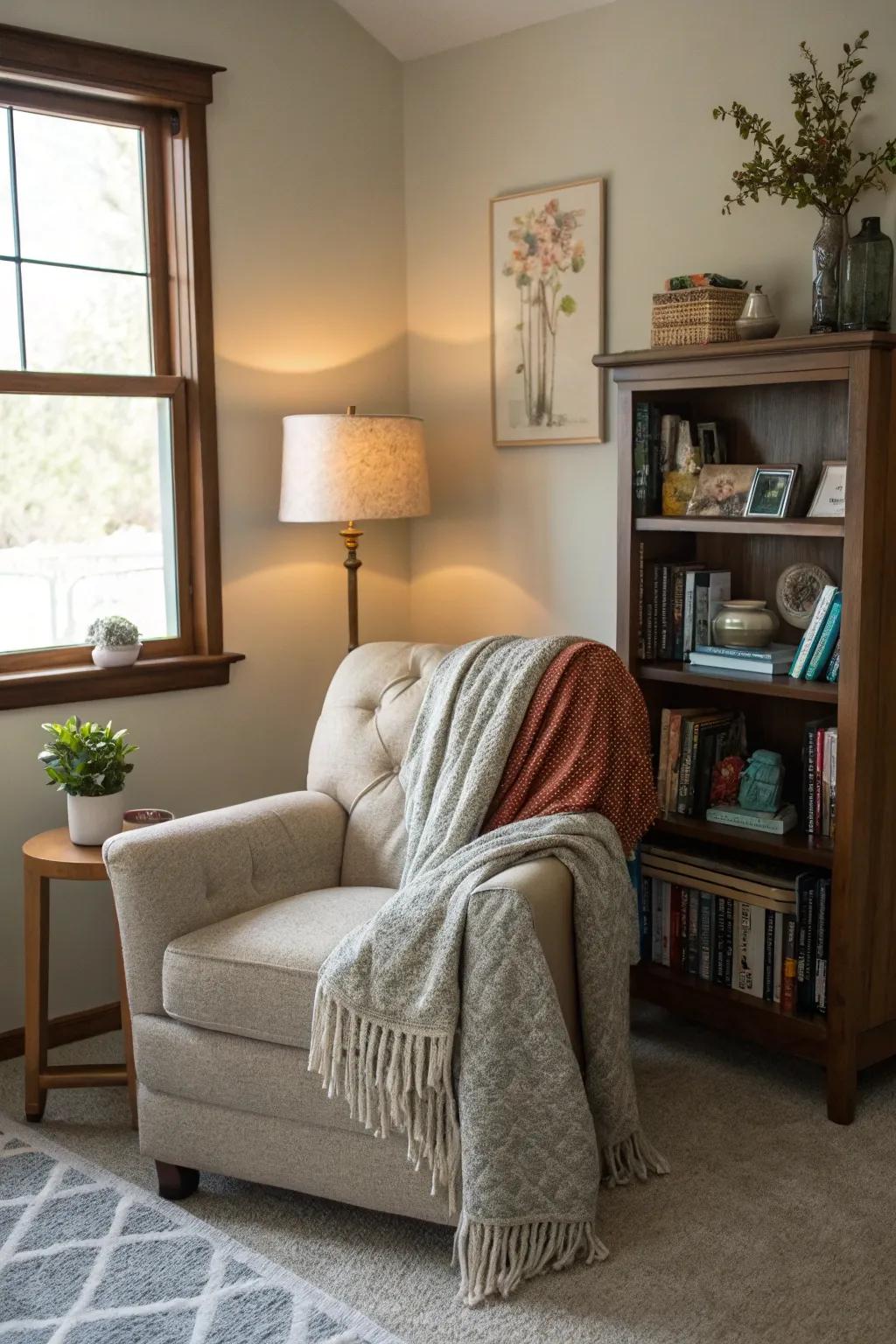 A quiet corner offers a cozy escape within the living space.
