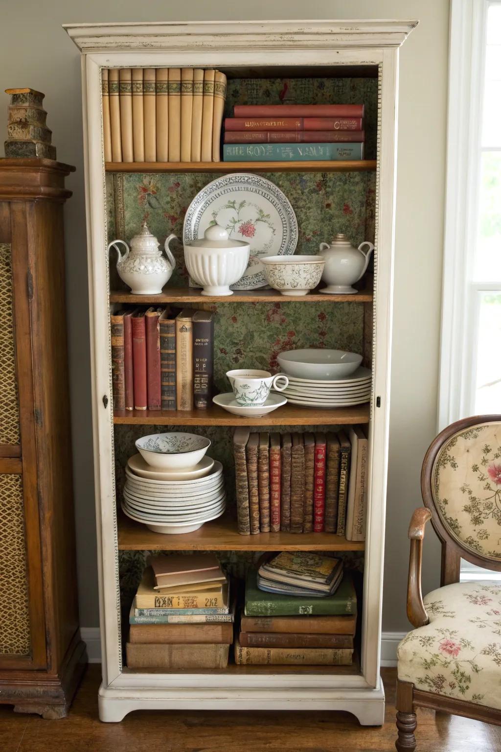 A bookshelf revamped to display a mix of books and china.