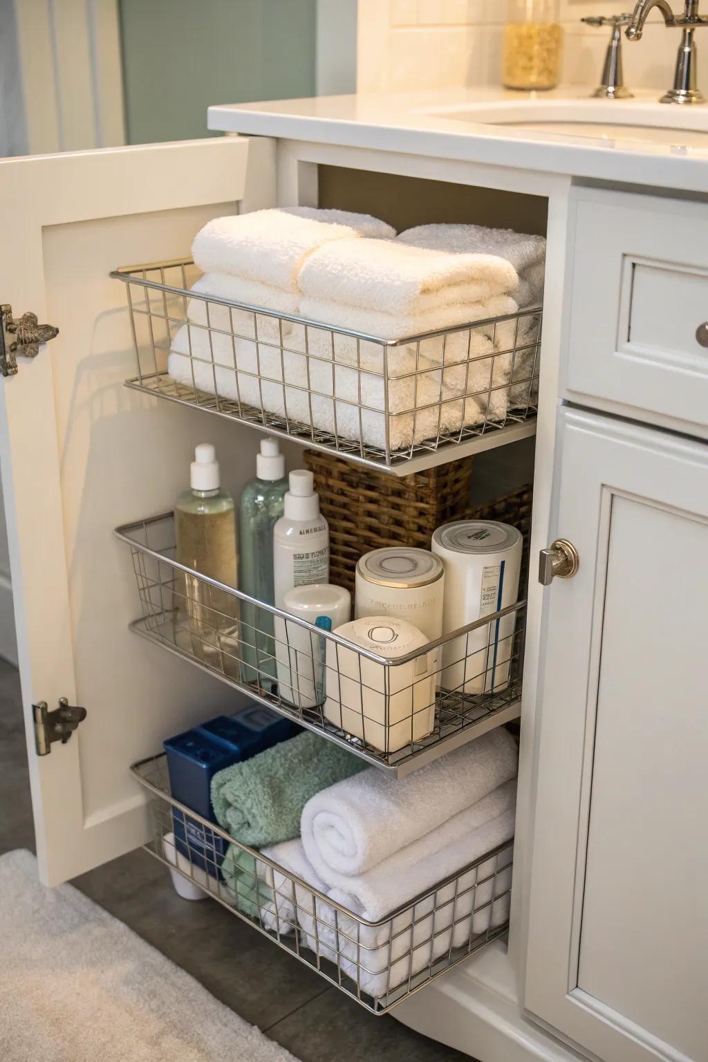 Wire baskets inside a bathroom cabinet, used for storing toiletries and towels.