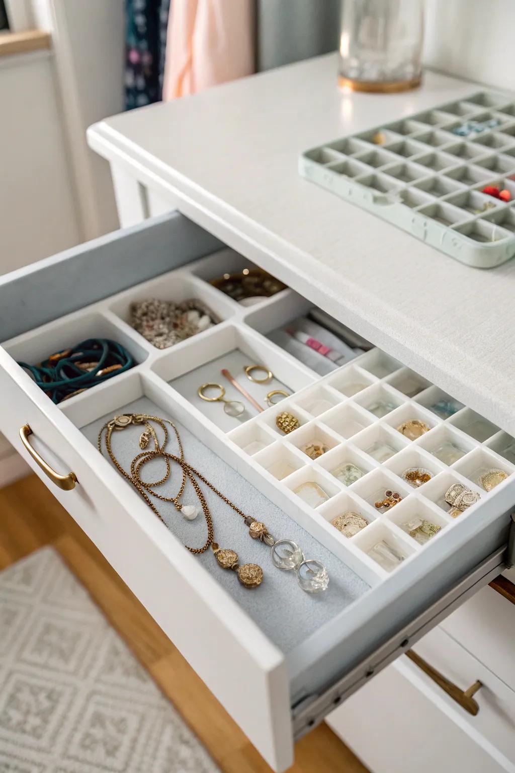 Repurposed items such as ice cube trays for creative and functional drawer arrangement.