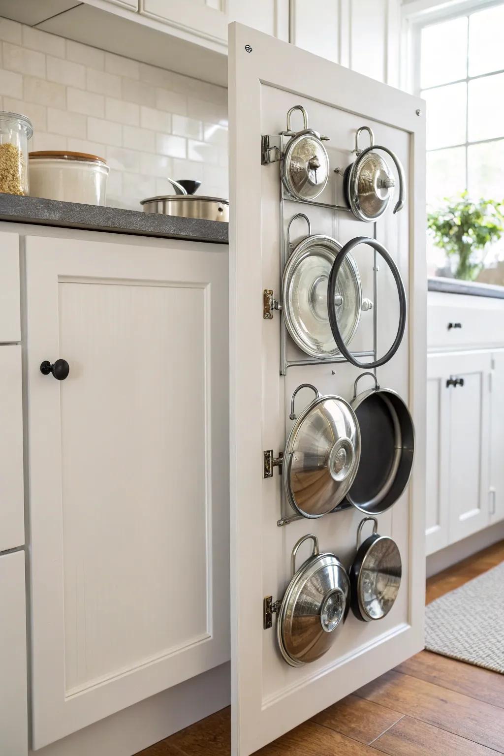 Hanging pot lids on cabinet doors frees up valuable space.