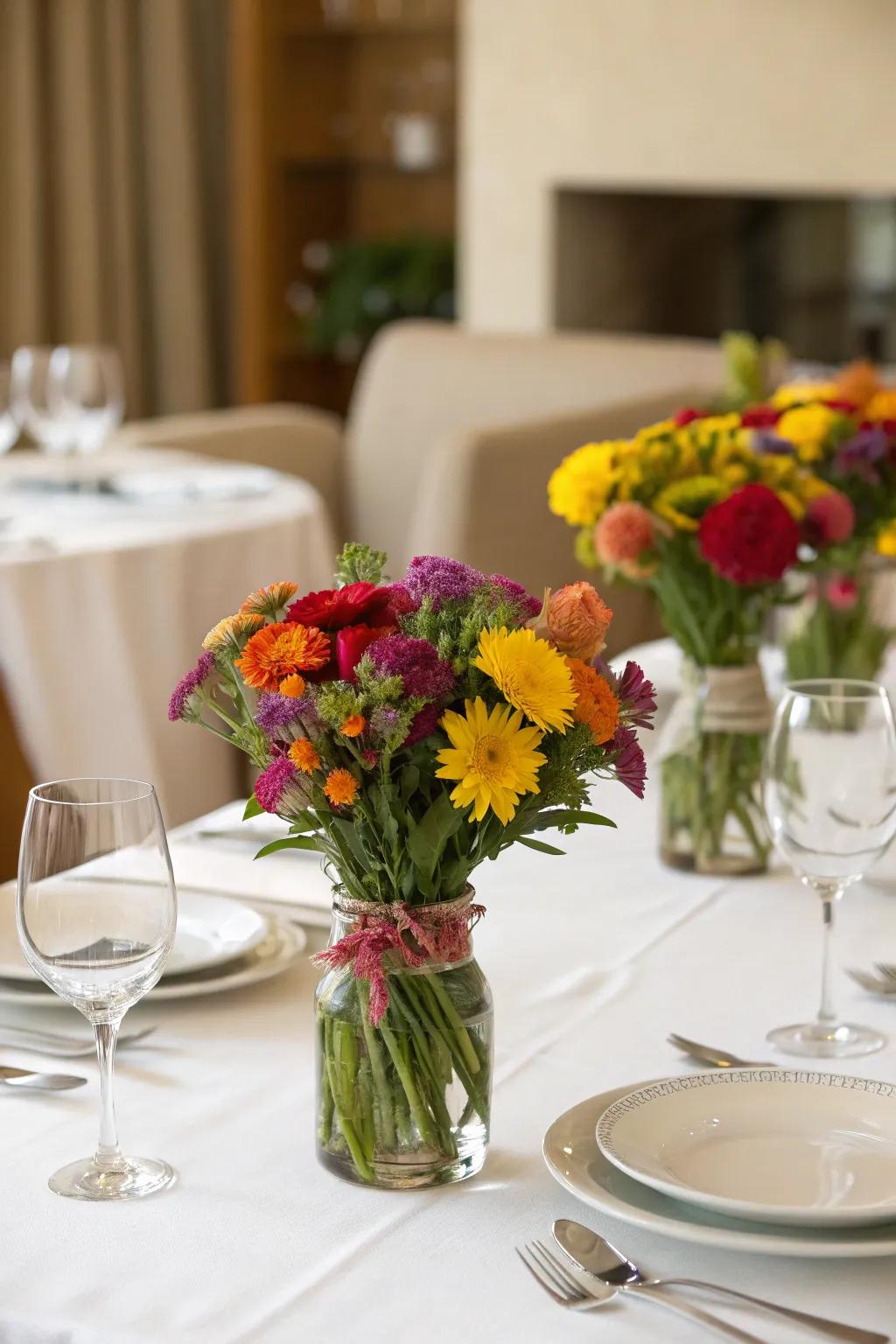 Compact bouquets in petite containers ideally suited for table arrangements.