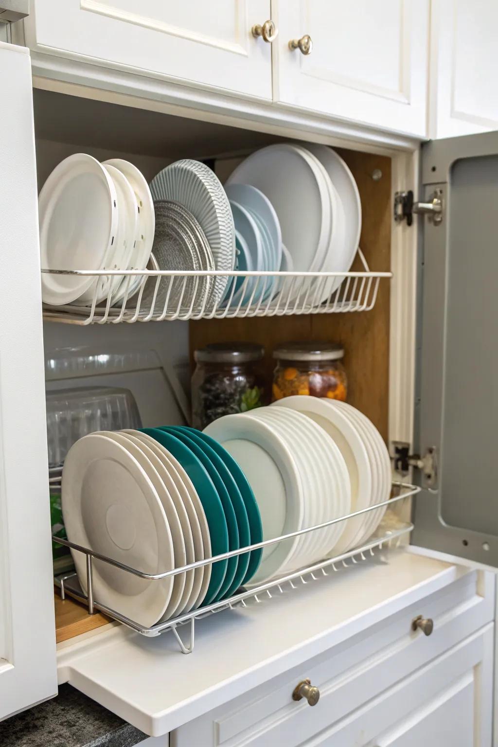 Plate rack creatively used to organize plastic lids by size.