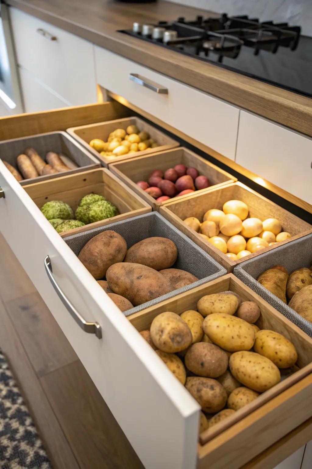 Organized potato storage using kitchen drawer dividers.