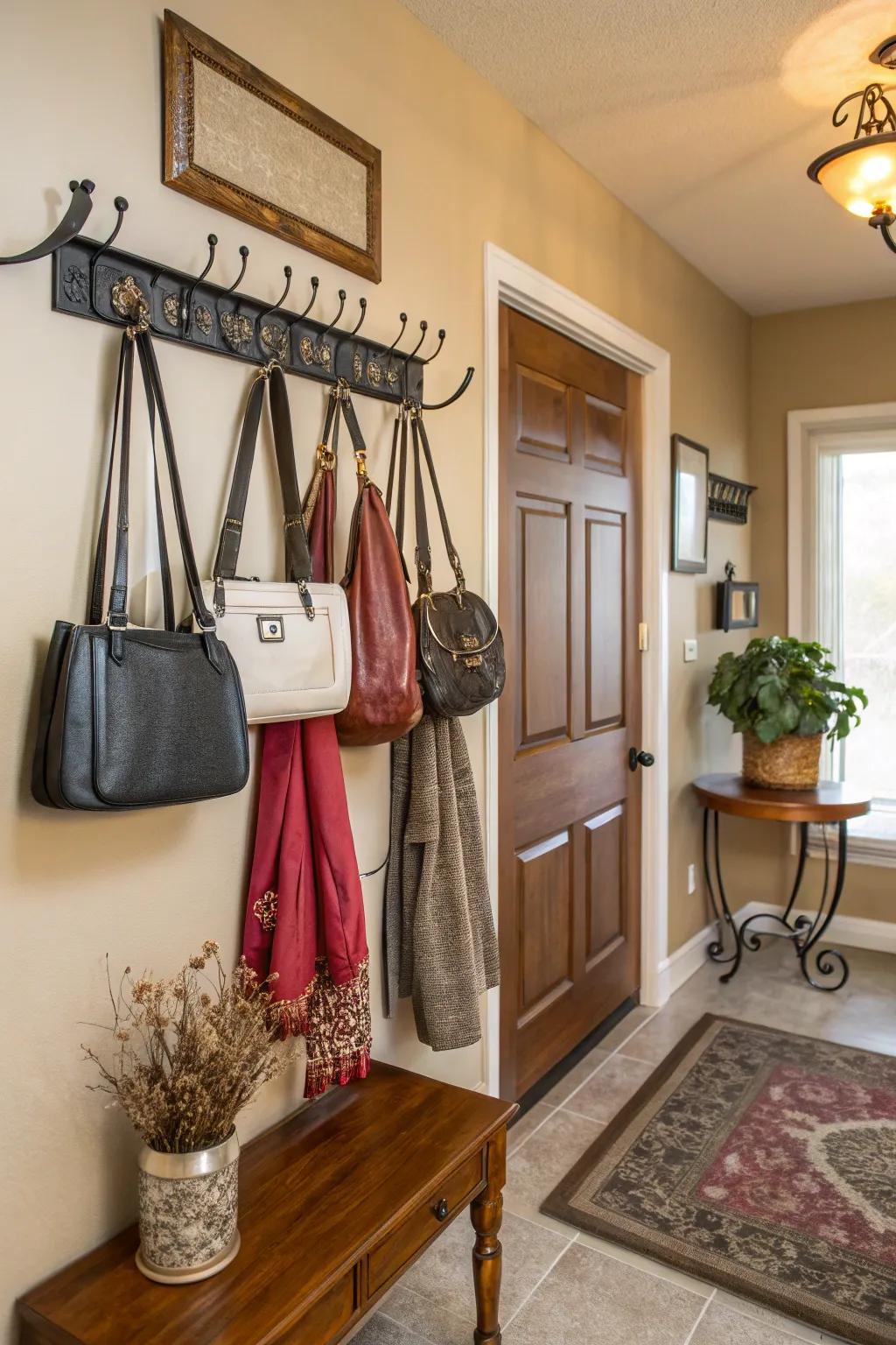 A coat rack repurposed as a chic handbag storage solution.