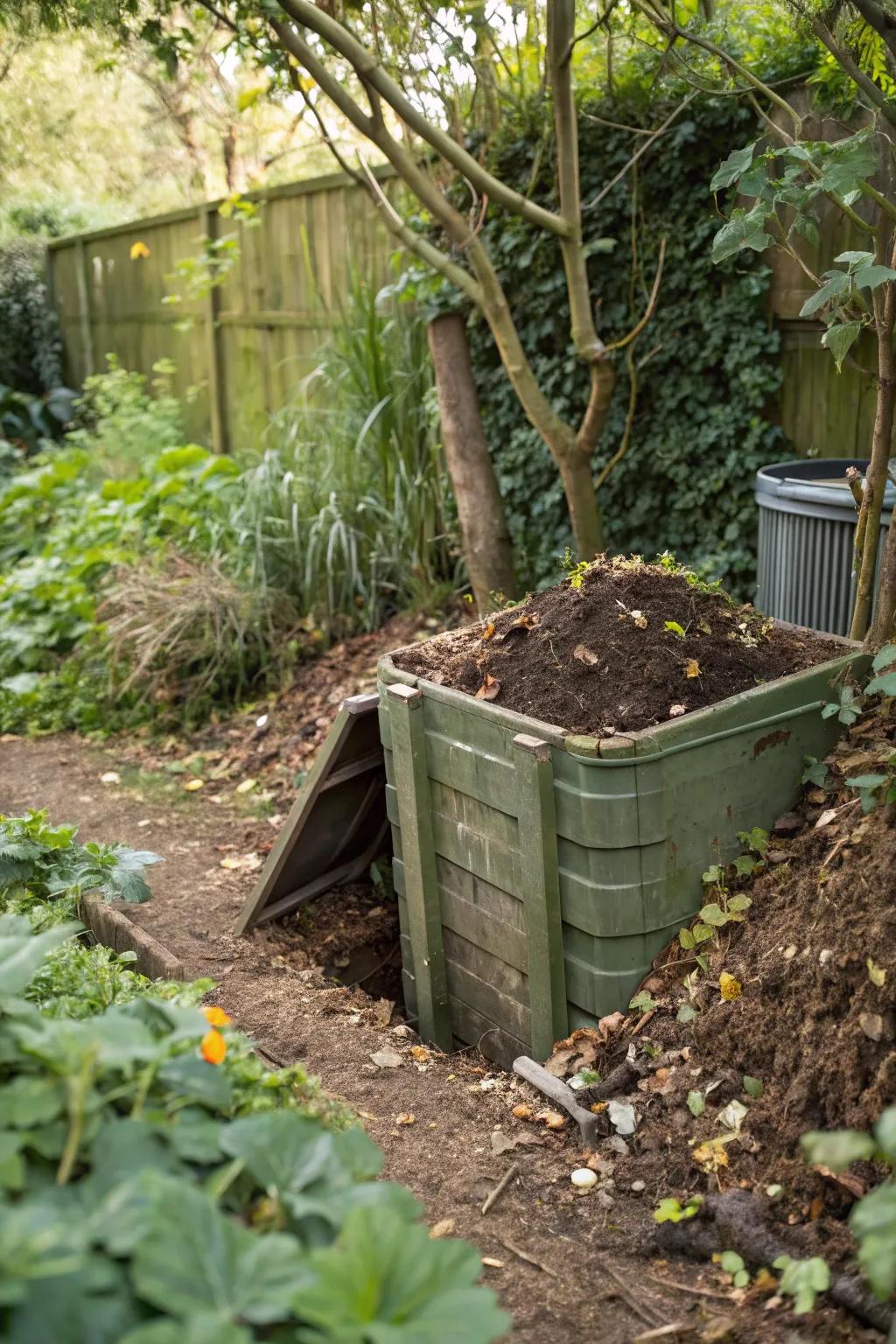 A partly submerged composter, carefully set to reduce odors and deter animals.