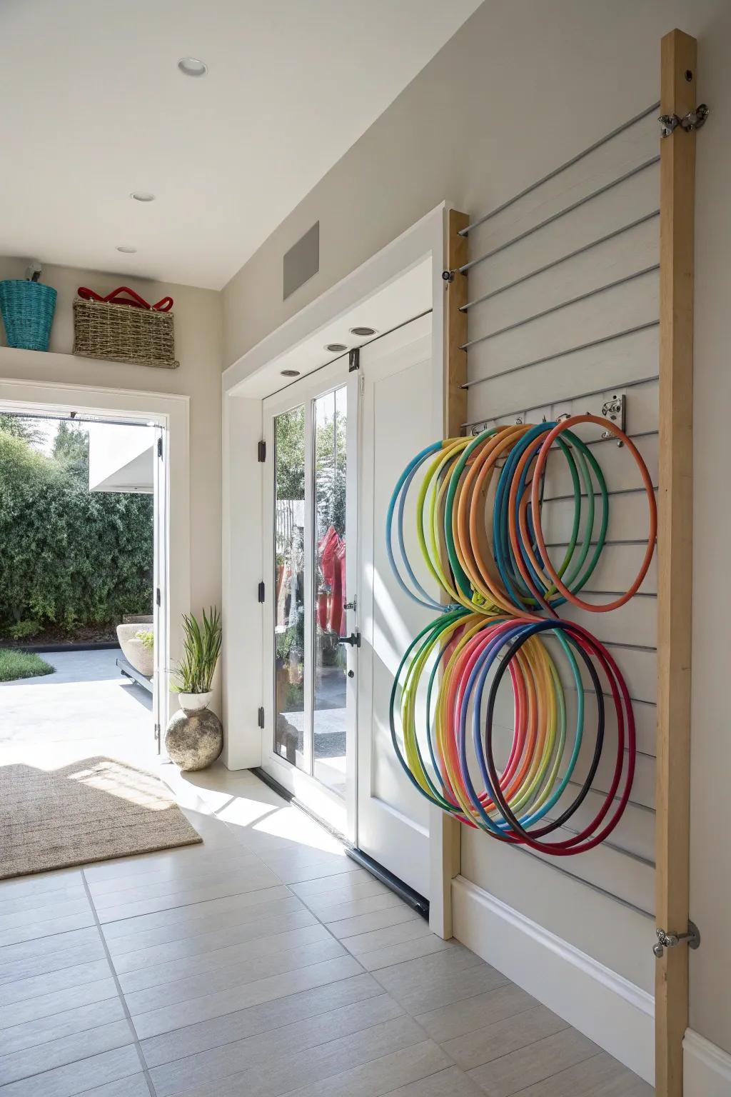 Hula hoops kept on an over-door rack, maximizing space and accessibility.