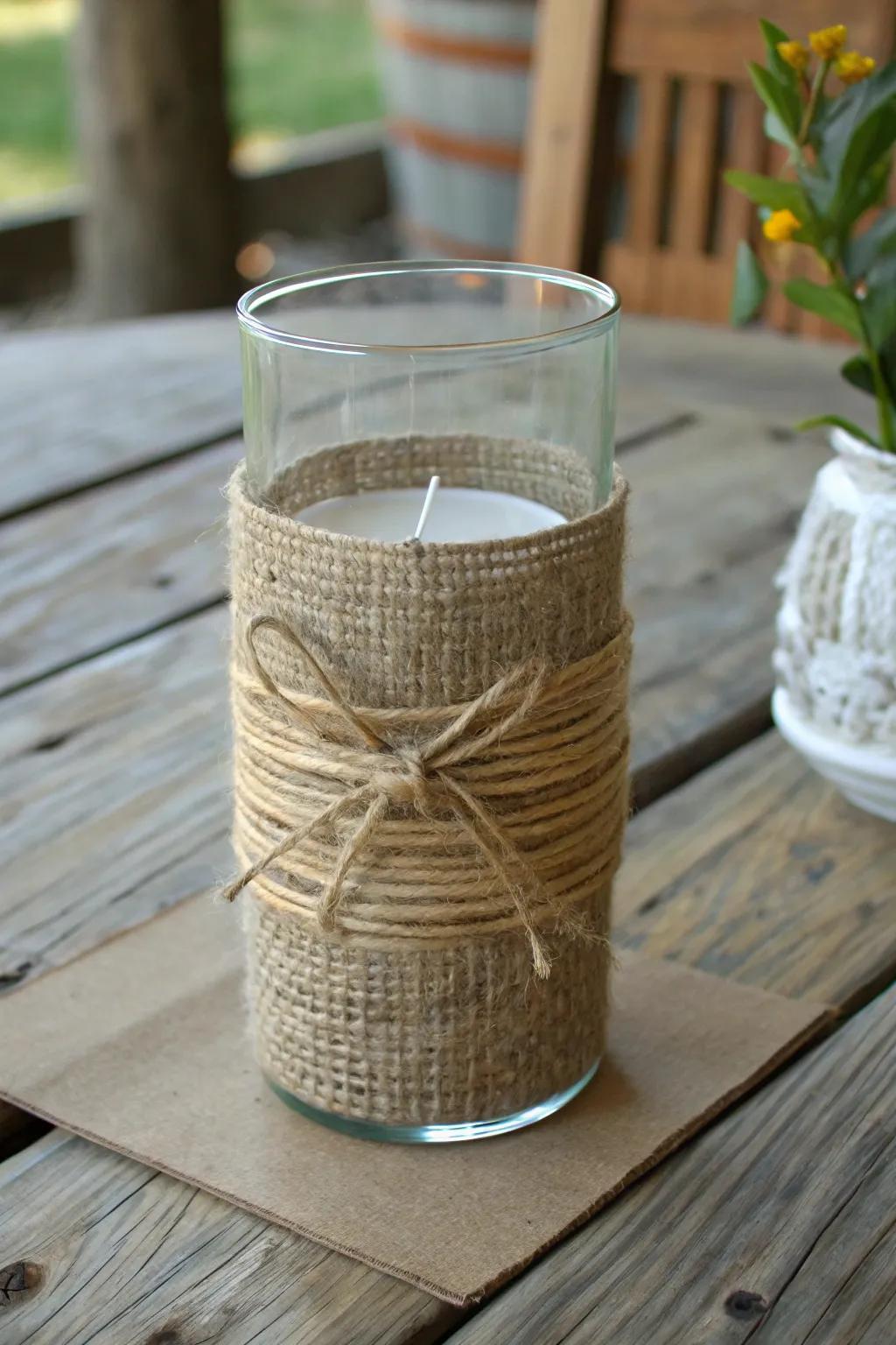Twine and hessian wrapped around a windproof candle holder for a sprinkle of rustic charm.