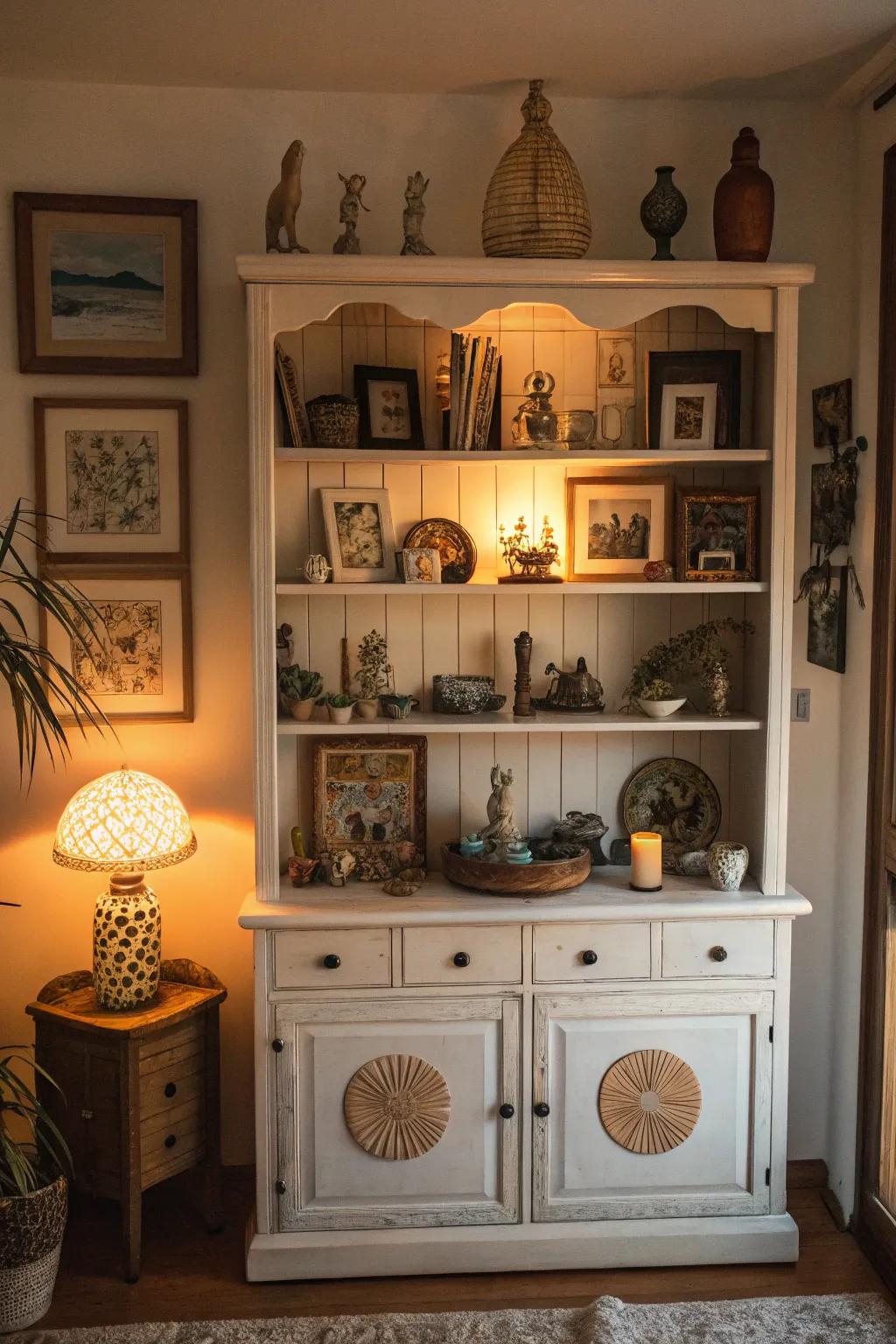 Artistic touches bring creativity to this hutch display.