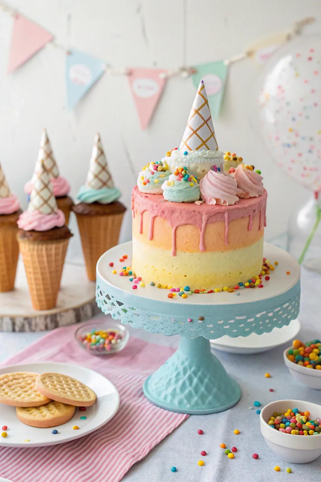 Mini ice cream cone embellishments adding charm to a celebratory cake.