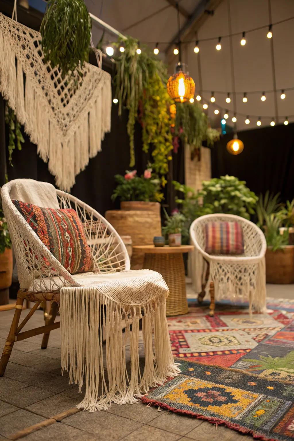 Bohemian flair with tassel chair wraps.