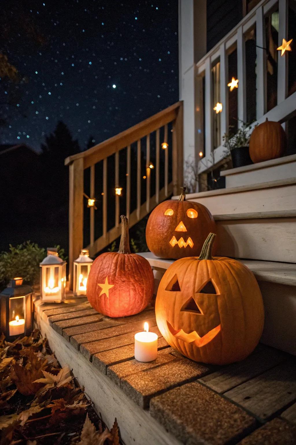 Lighted pumpkins creating a welcoming and cozy glow in the night.