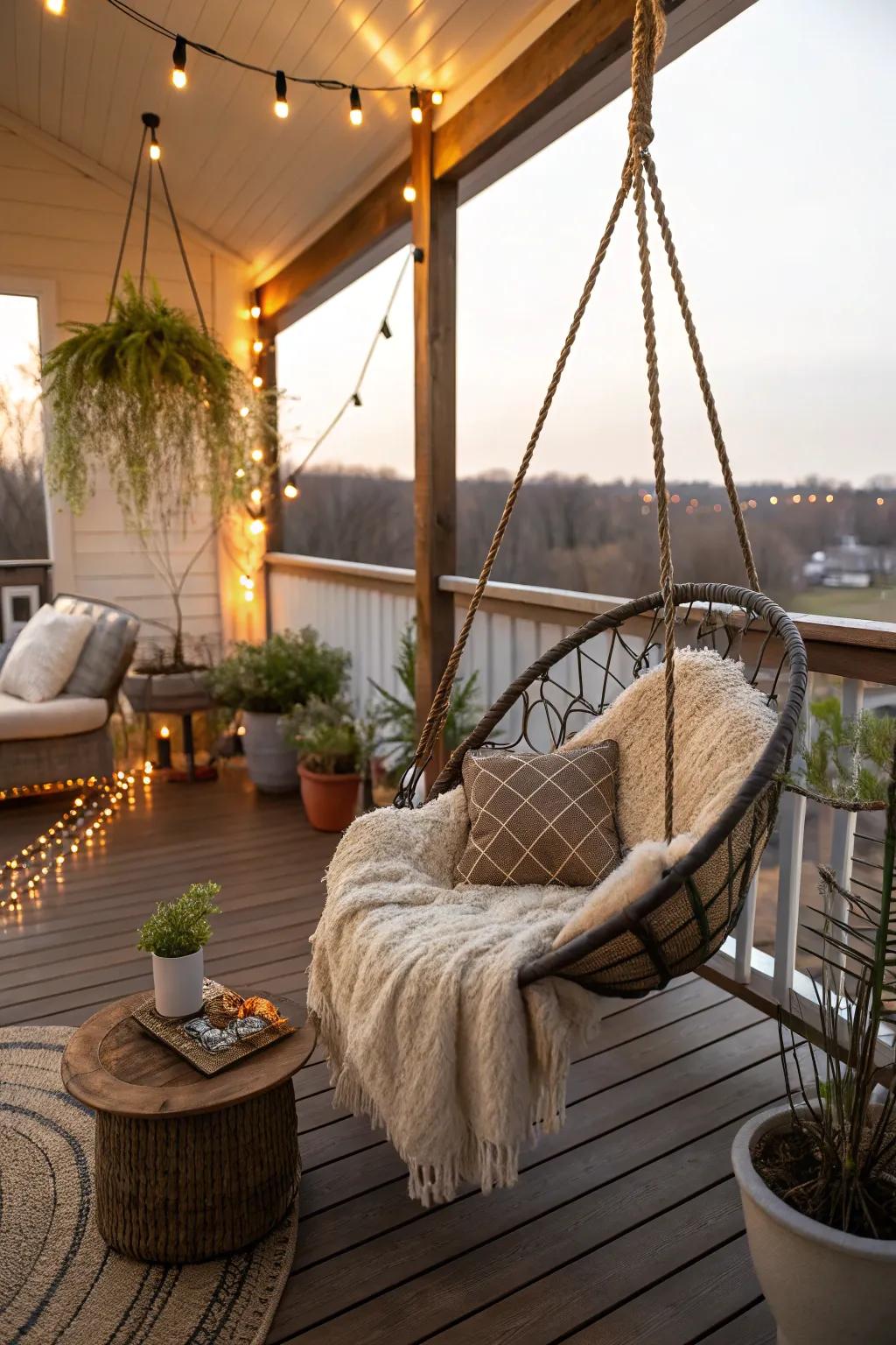 A swinging seat lends a fun element to this indoor deck.