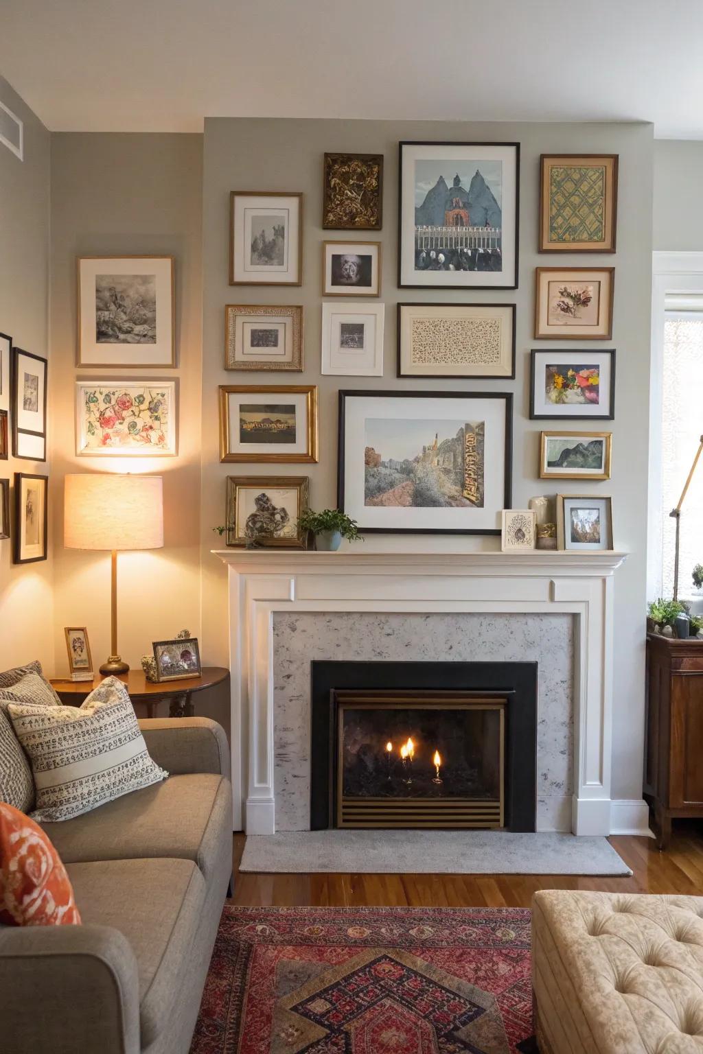 A living area featuring a gallery wall above a fireplace, turning it into an artistic centerpiece.