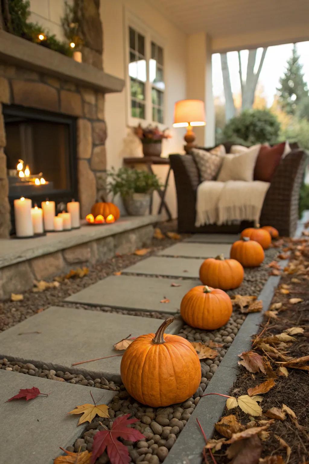 A gourd-lined passageway, welcoming guests to a Halloween celebration.