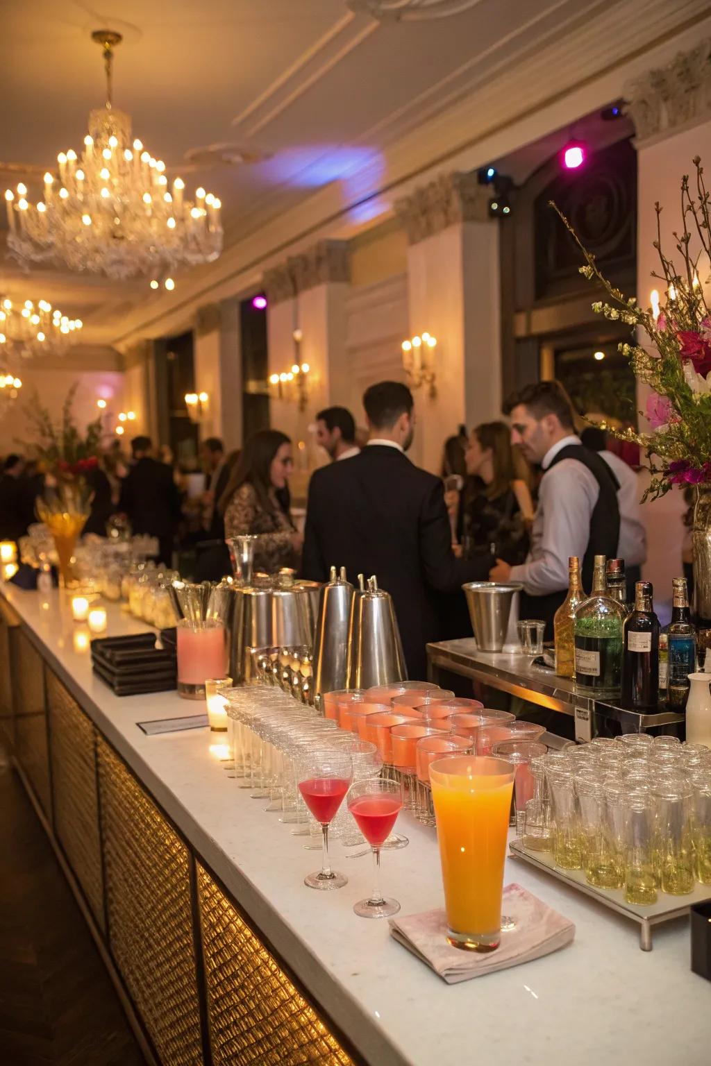 A sophisticated interior party showcasing a chic mixed drink station.